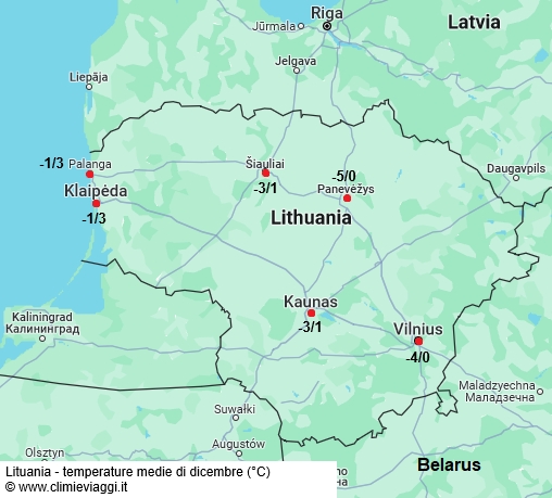Lituania - mappa con le temperature medie a dicembre