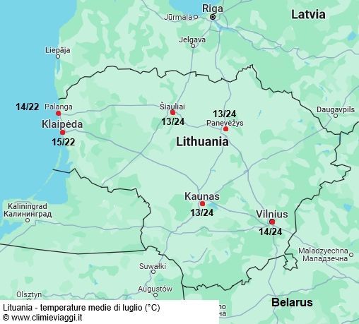 Lituania - mappa con le temperature medie a luglio