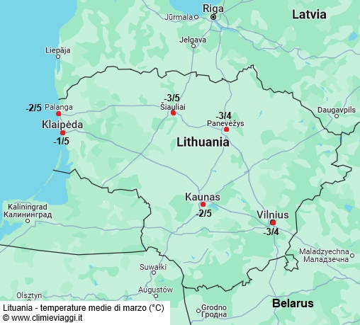 Lituania - mappa con le temperature medie a marzo