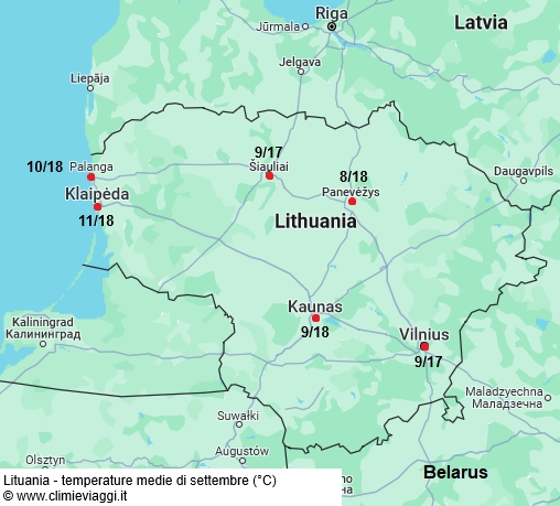 Lituania - mappa con le temperature medie a settembre