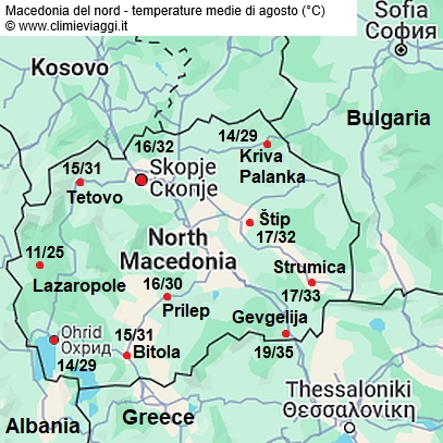 Macedonia - mappa con le temperature medie a agosto