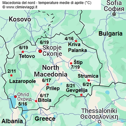 Macedonia - mappa con le temperature medie a aprile