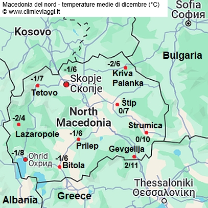 Macedonia - mappa con le temperature medie a dicembre