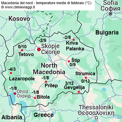 Macedonia - mappa con le temperature medie a febbraio