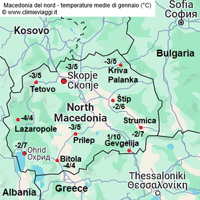 Macedonia - mappa con le temperature medie a gennaio
