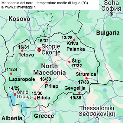 Macedonia - mappa con le temperature medie a luglio