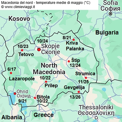 Macedonia - mappa con le temperature medie a maggio