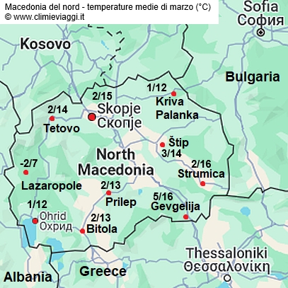 Macedonia - mappa con le temperature medie a marzo