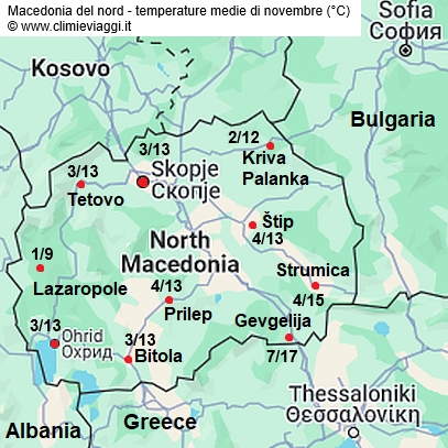 Macedonia - mappa con le temperature medie a novembre