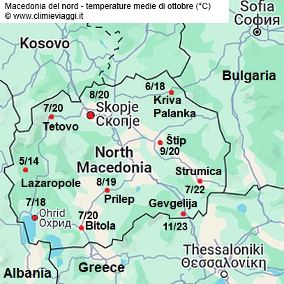 Macedonia - mappa con le temperature medie a ottobre
