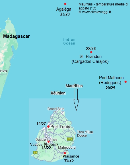 Mauritius - mappa con le temperature medie a agosto