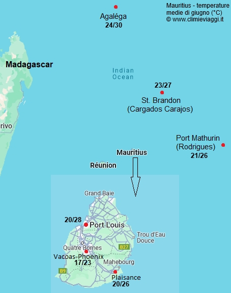 Mauritius - mappa con le temperature medie a giugno