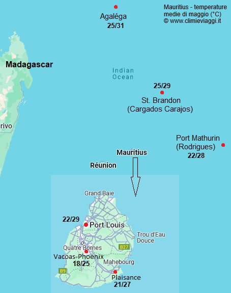 Mauritius - mappa con le temperature medie a maggio