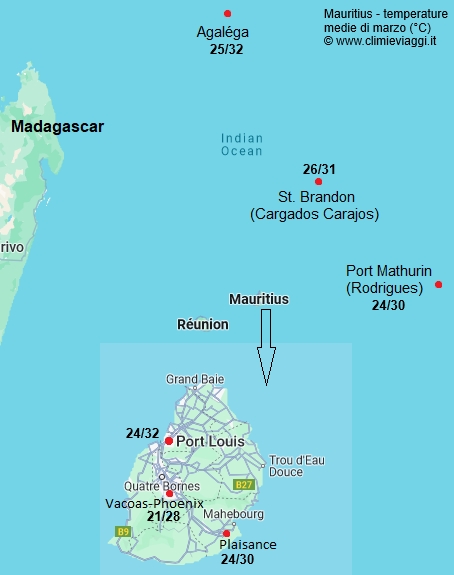 Mauritius - mappa con le temperature medie a marzo