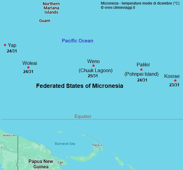 Micronesia - mappa con le temperature medie a dicembre