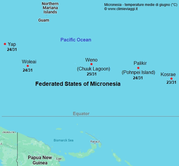Micronesia - mappa con le temperature medie a giugno