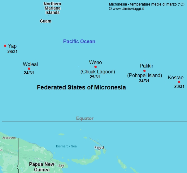 Micronesia - mappa con le temperature medie a marzo