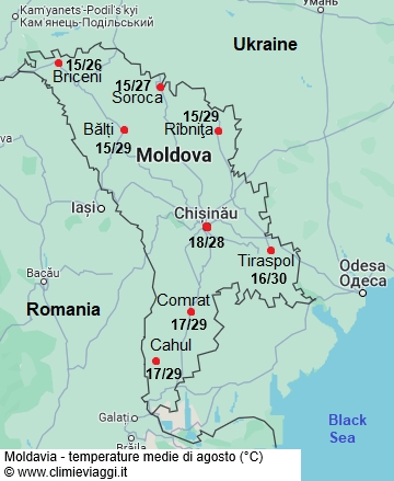 Moldavia - mappa con le temperature medie a agosto