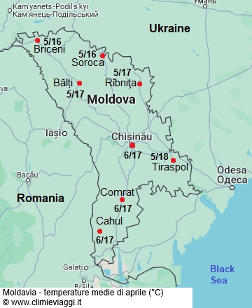 Moldavia - mappa con le temperature medie a aprile