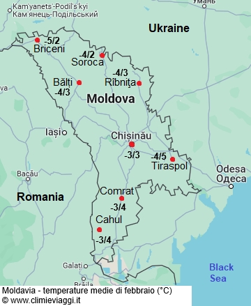 Moldavia - mappa con le temperature medie a febbraio