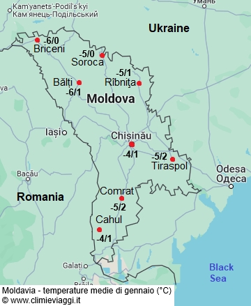 Moldavia - mappa con le temperature medie a gennaio