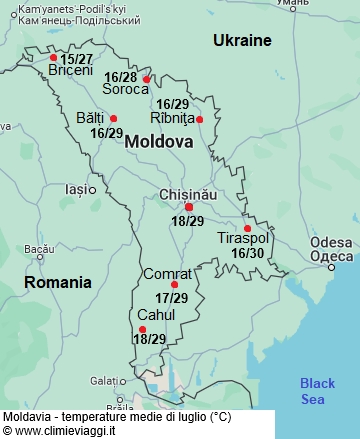 Moldavia - mappa con le temperature medie a luglio
