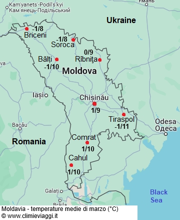 Moldavia - mappa con le temperature medie a marzo