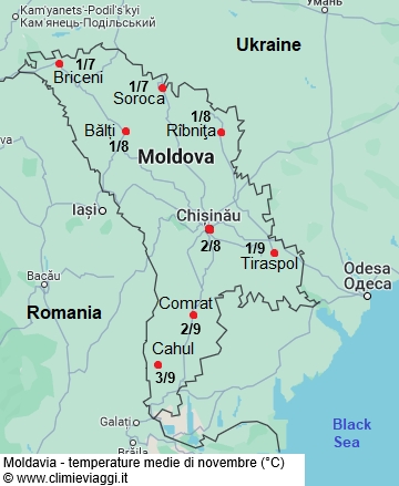 Moldavia - mappa con le temperature medie a novembre