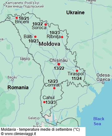 Moldavia - mappa con le temperature medie a settembre
