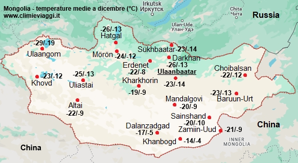 Mongolia - mappa con le temperature medie a dicembre