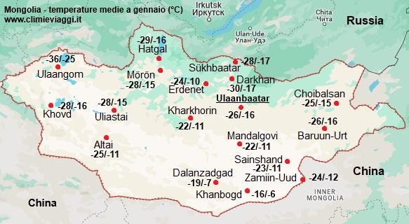 Mongolia - mappa con le temperature medie a gennaio