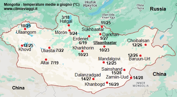 Mongolia - mappa con le temperature medie a giugno