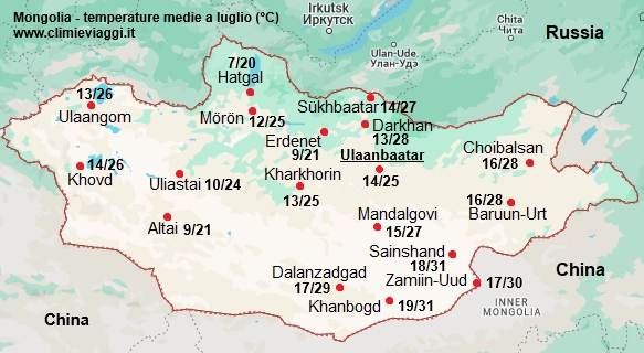Mongolia - mappa con le temperature medie a luglio