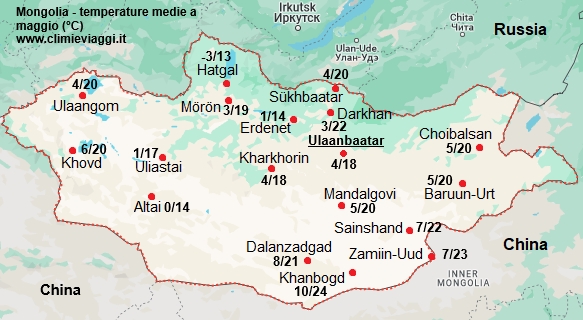 Mongolia - mappa con le temperature medie a maggio