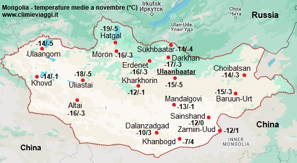 Mongolia - mappa con le temperature medie a novembre