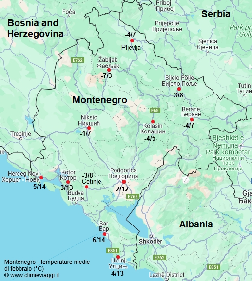Montenegro - mappa con le temperature medie a febbraio