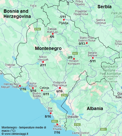 Montenegro - mappa con le temperature medie a marzo
