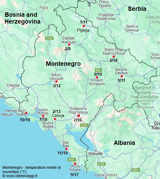 Montenegro - mappa con le temperature medie a novembre