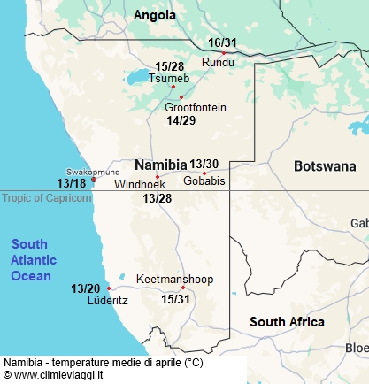 Namibia - mappa con le temperature medie a aprile