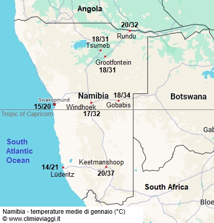 Namibia - mappa con le temperature medie a gennaio