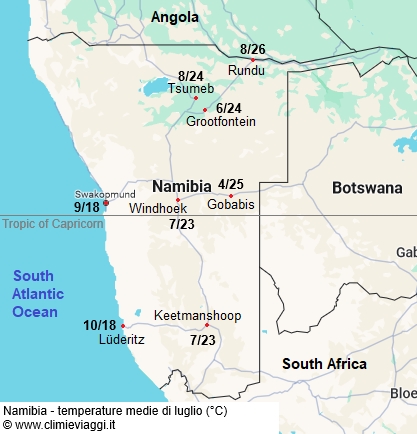 Namibia - mappa con le temperature medie a luglio