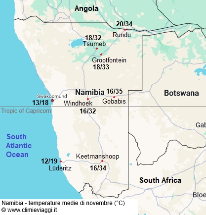 Namibia - mappa con le temperature medie a novembre