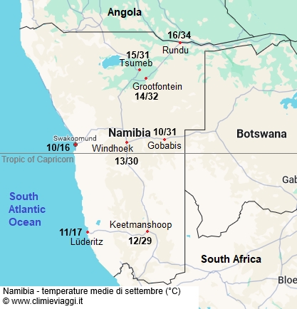 Namibia - mappa con le temperature medie a settembre