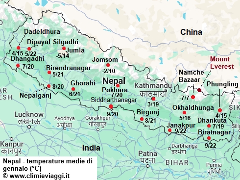 Nepal - mappa con le temperature medie a gennaio