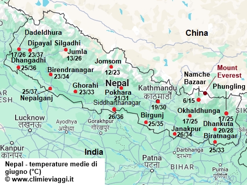 Nepal - mappa con le temperature medie a giugno