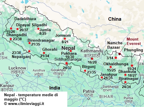 Nepal - mappa con le temperature medie a maggio