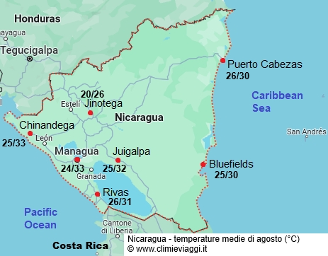 Nicaragua - mappa con le temperature medie a agosto