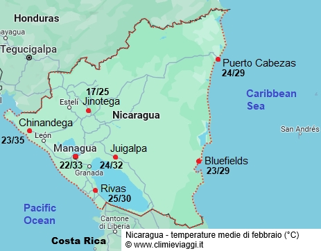 Nicaragua - mappa con le temperature medie a febbraio