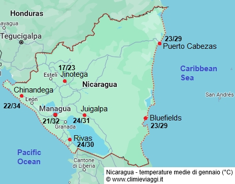 Nicaragua - mappa con le temperature medie a gennaio