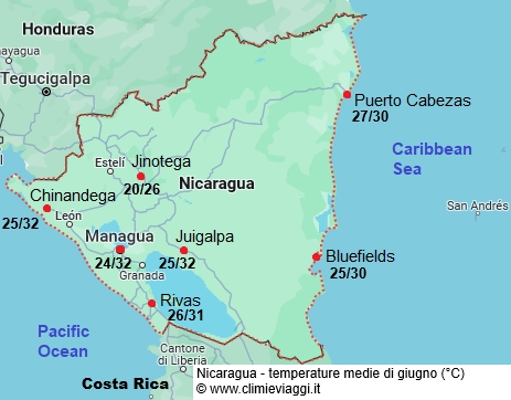 Nicaragua - mappa con le temperature medie a giugno